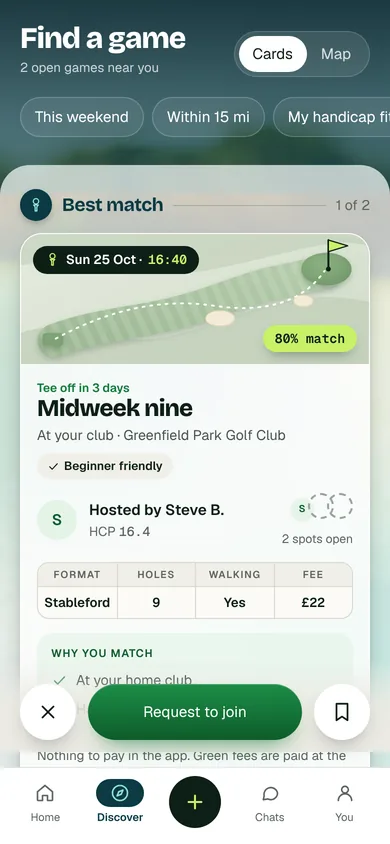Find a game: an open round ranked by how well it matches your handicap and playing style