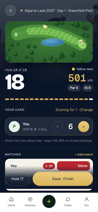 Scoring the last hole of a trip round, with a singles match showing one up