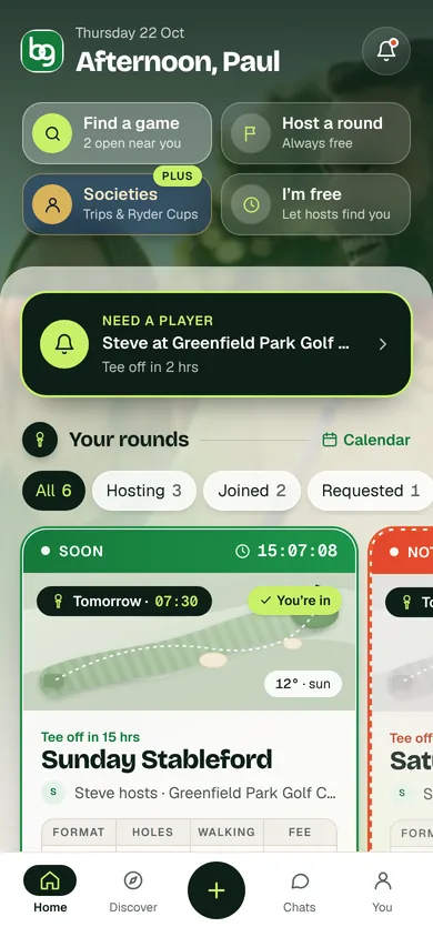 The BuddyGolf home screen showing your upcoming rounds
